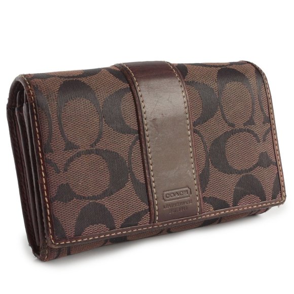 Coach Signature Wallet Multifunction Bifold Jacquard & Burgundy Leather - Picture 1 of 10